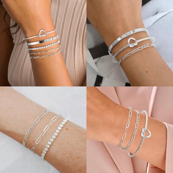 Silver-B Plated Bangle Cuff Non Tarnish Trendy Stack Bracelets for Women - Picture 5 of 6